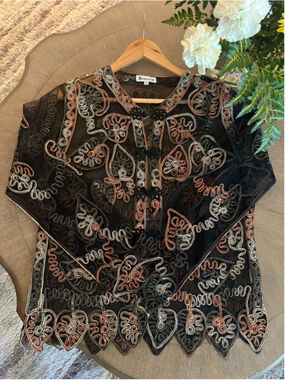 Women's Jeannie Black Gold Embroidered Sheer Blouse M
